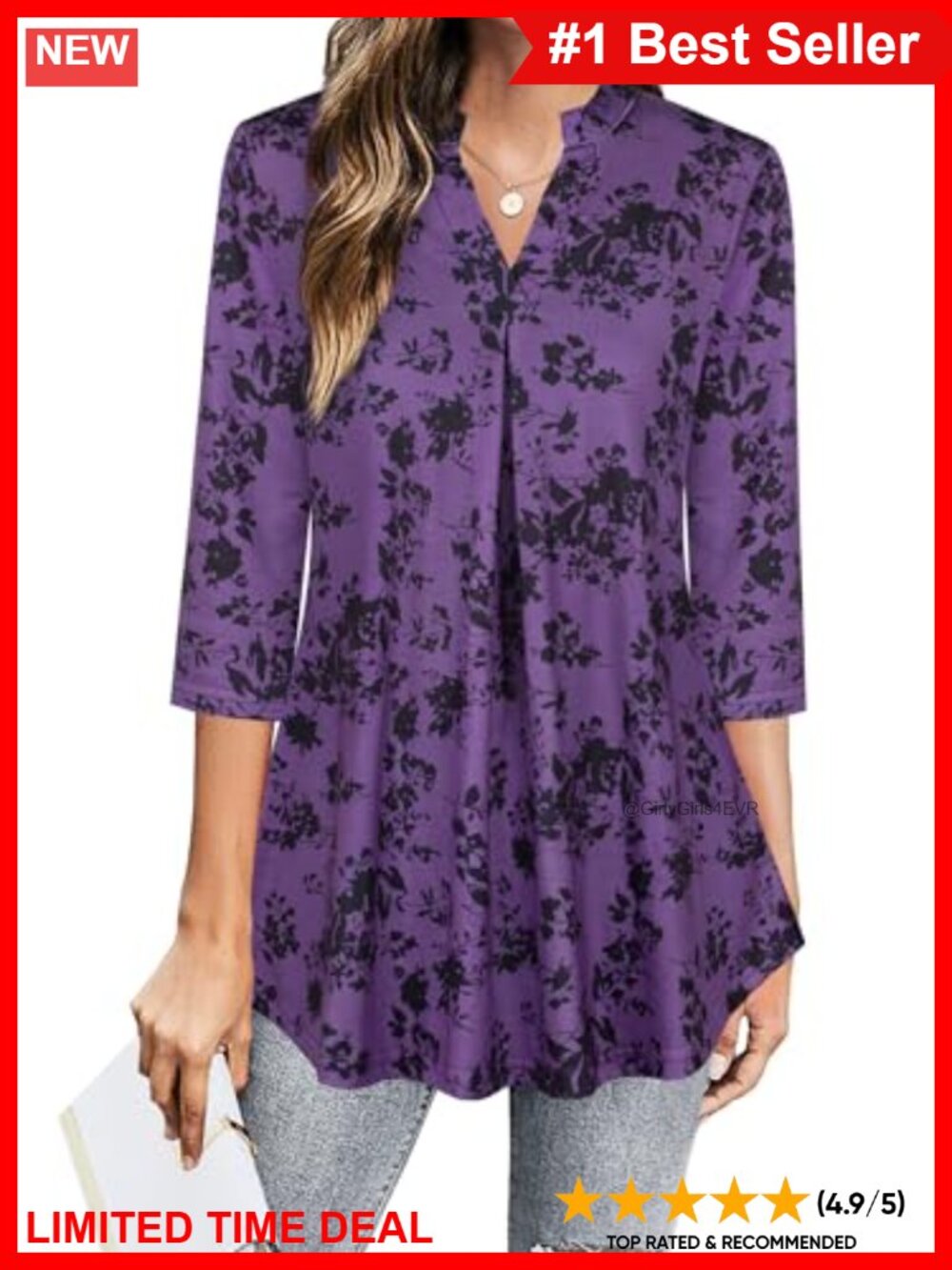 Womens 3/4 Sleeve V Neck Pleated Blouse Tunic Work Top